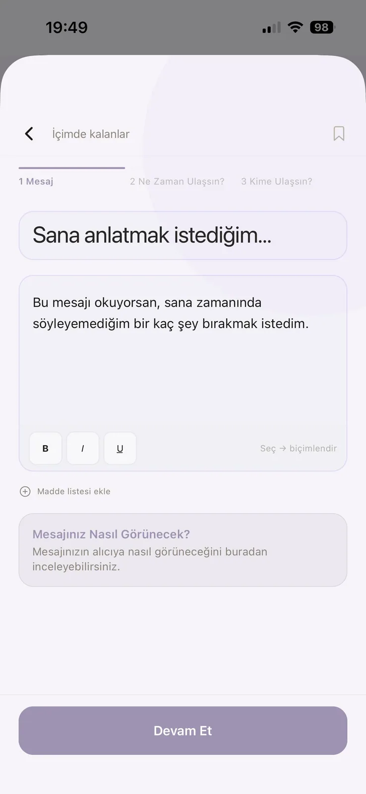 Eonarya Benden Sonra mesajı yazma ekranı