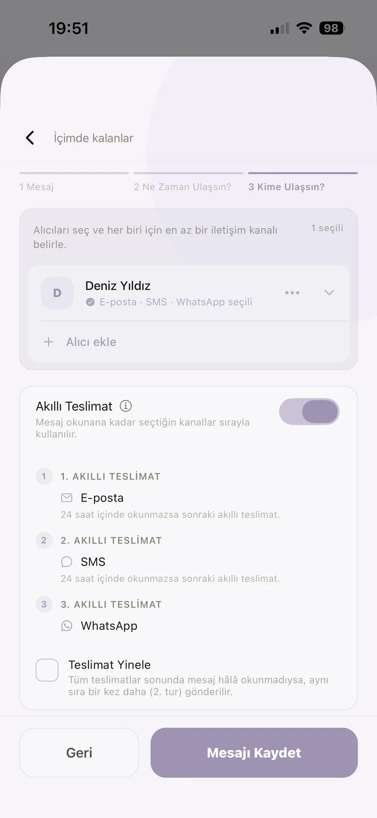 Eonarya Benden Sonra alıcı ve Akıllı Teslimat ekranı