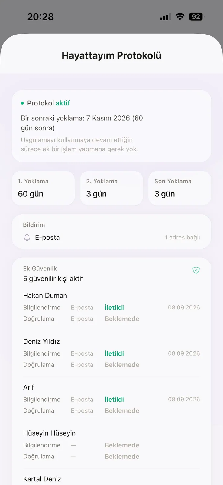 Aktif Hayattayım Protokolü ve güvenilir kişiler