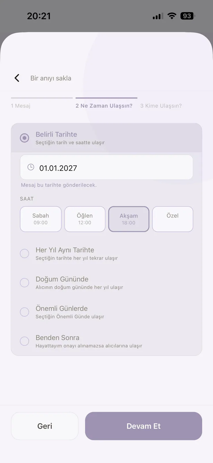Eonarya belirli tarih ve saat seçimi ekranı
