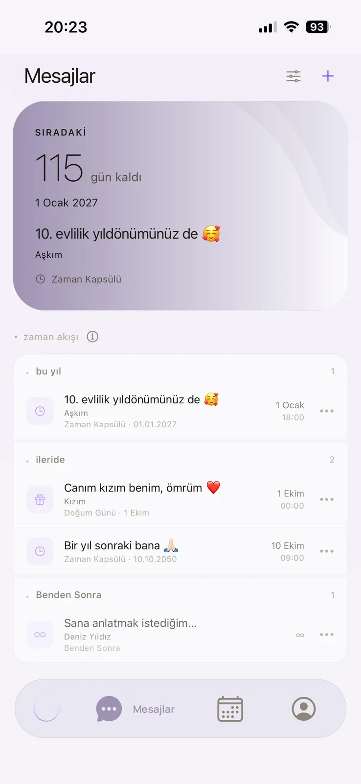 Eonarya mesaj listesi ve zaman akışı
