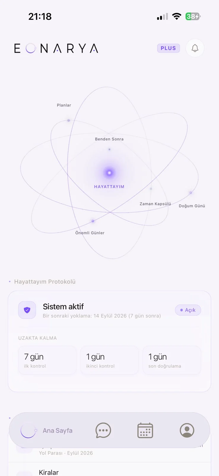 Eonarya uygulamasının Orbit ana ekranı ve Hayattayım Protokolü