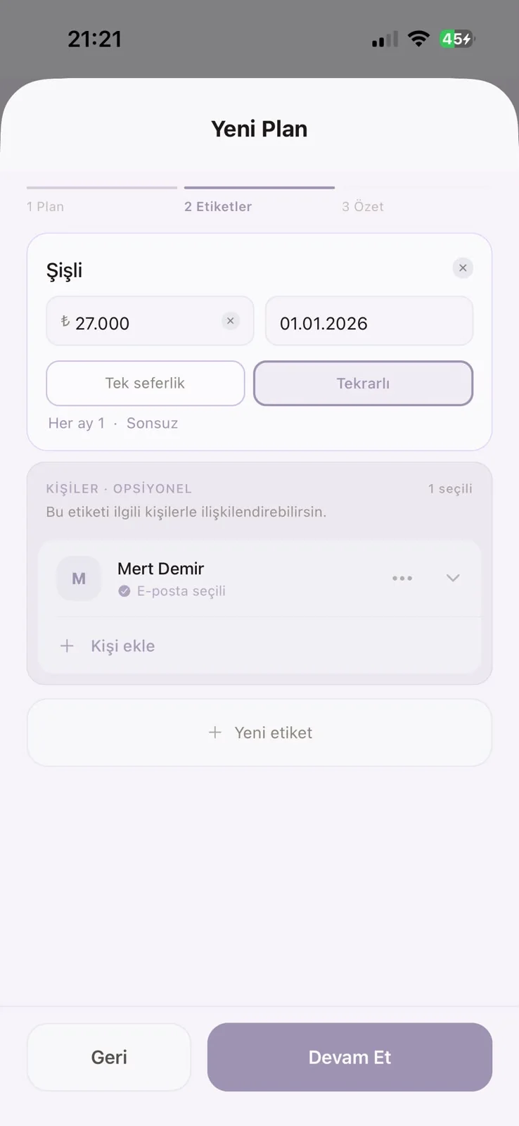 Eonarya yeni plan ekranında tekrar, tarih ve kişi seçenekleri